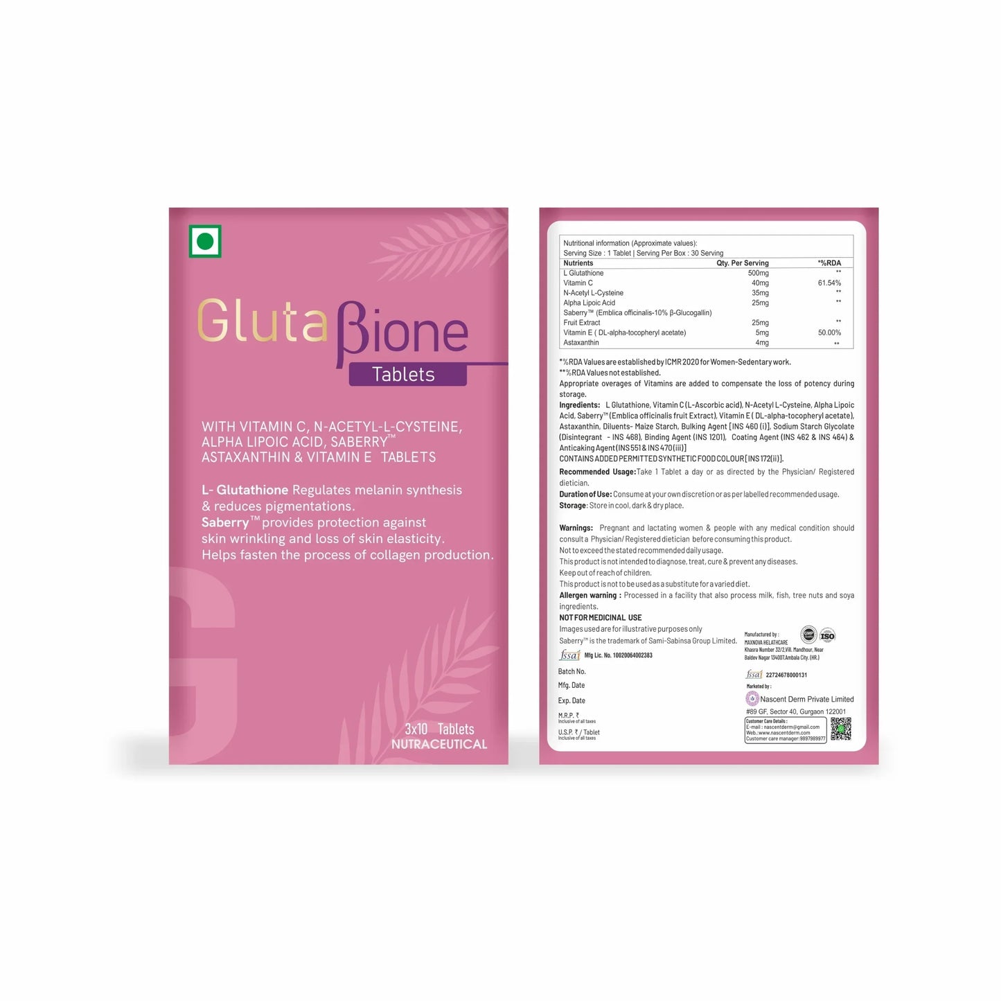 Glutabione tablets nutraceutical with Vitamin C, N-Acetyl-L-Cysteine, Alpha Lipoic Acid, Saberry, Astaxanthin for skin health