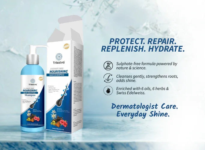 Trisatva sulphate-free nourishing hair shampoo bottle and box with natural oils and herbs, promoting hydration and repair