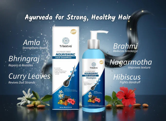Trisatva sulphate free nourishing hair shampoo with ayurvedic ingredients like Amla, Bhringraj, Curry Leaves, Brahmi, Nagarmotha, and Hibiscus for healthy hair