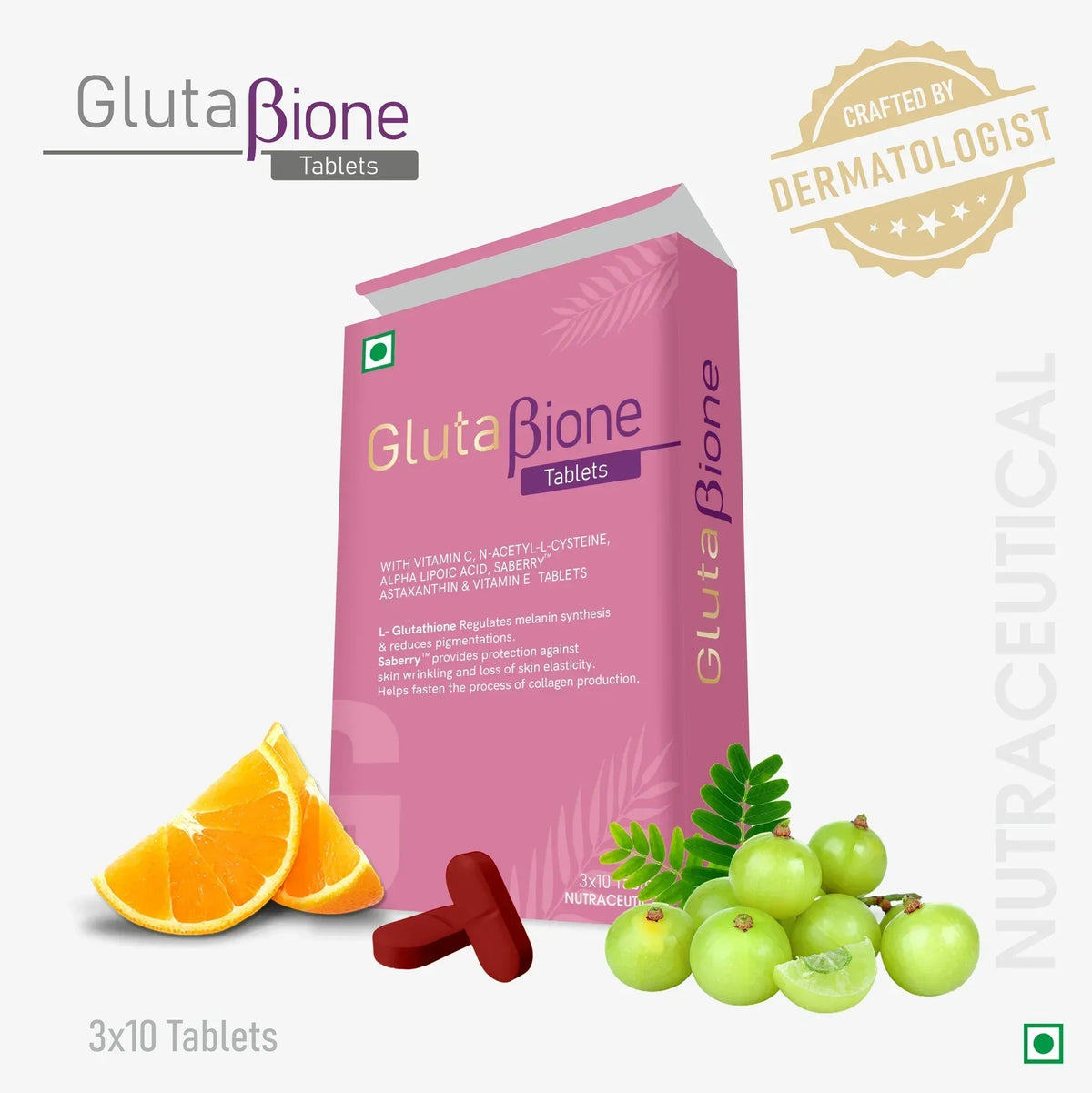 Glutabione pink box tablets with ingredients like orange slices and amla, dermatologist crafted skincare supplement