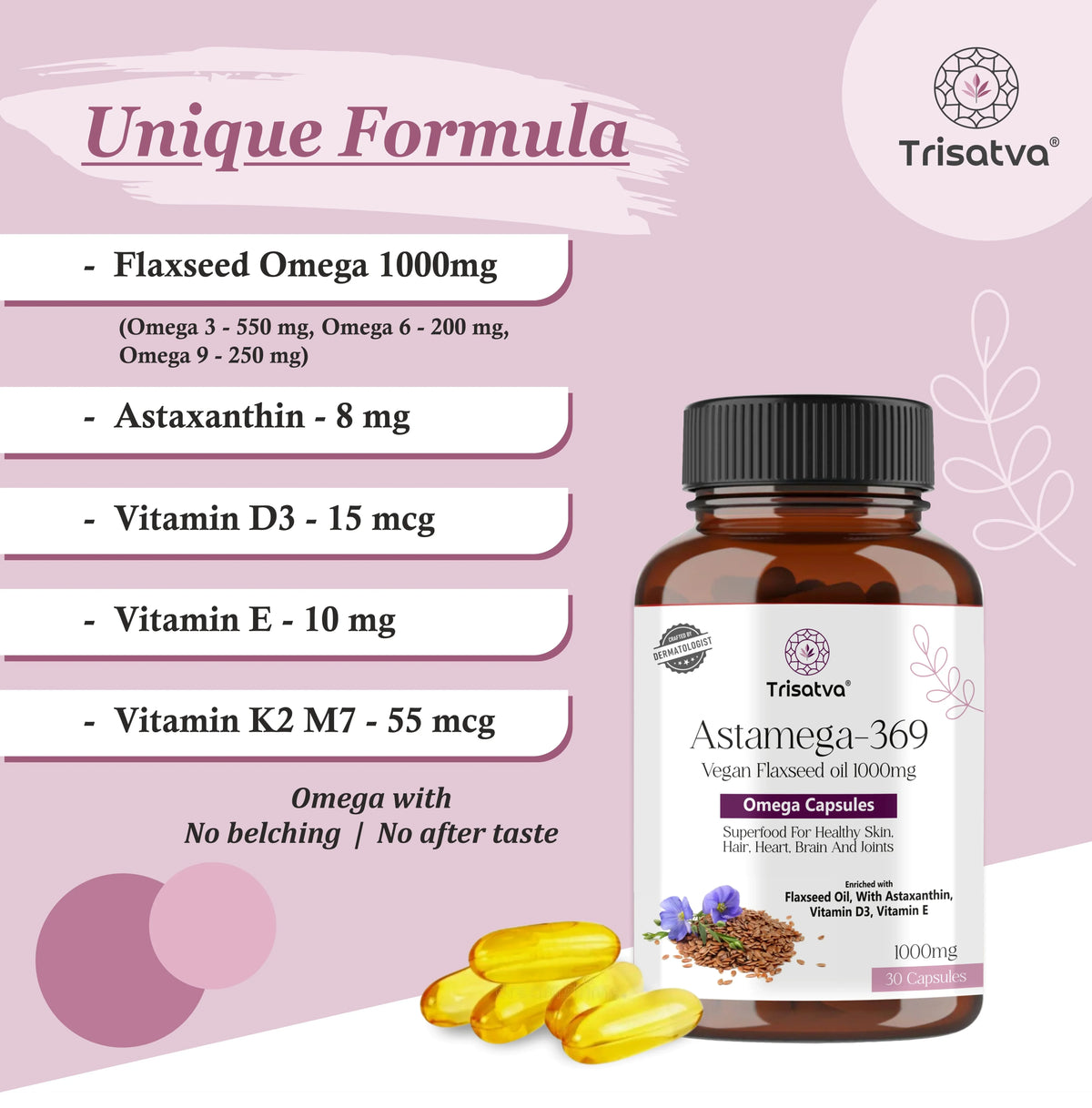 Trisatva Astamega-369 vegan flaxseed omega capsules with vitamins D3, E, K2, and astaxanthin supplement