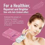 Skincare ad featuring a woman with clear skin and Gluta Bione tablets for antioxidant skin repair