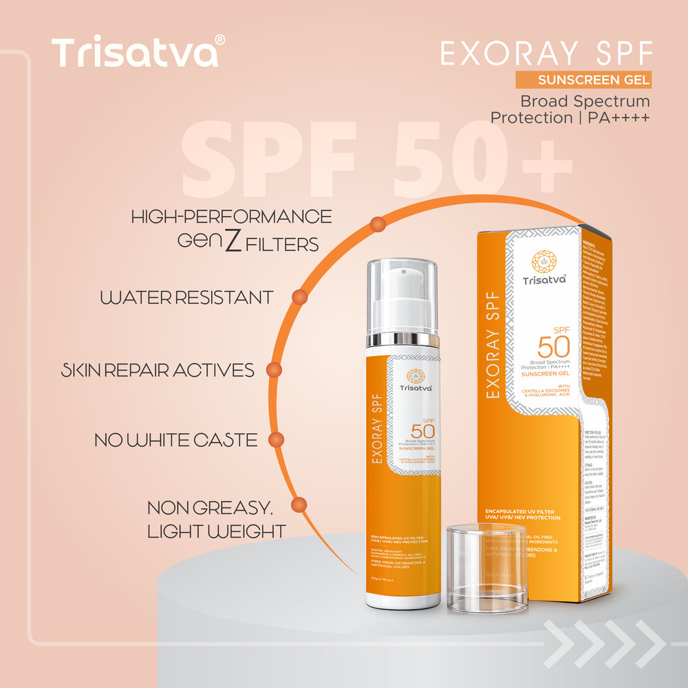 Trisatva Exoray Exosome Sunscreen SPF 50 PA++++ Face Gel Cream | Invisible Matte Finish for Men & Women | New Gen Filters, Blue Light & Infrared Defense | Water Resistant, Non Oily, No White Cast (50g)