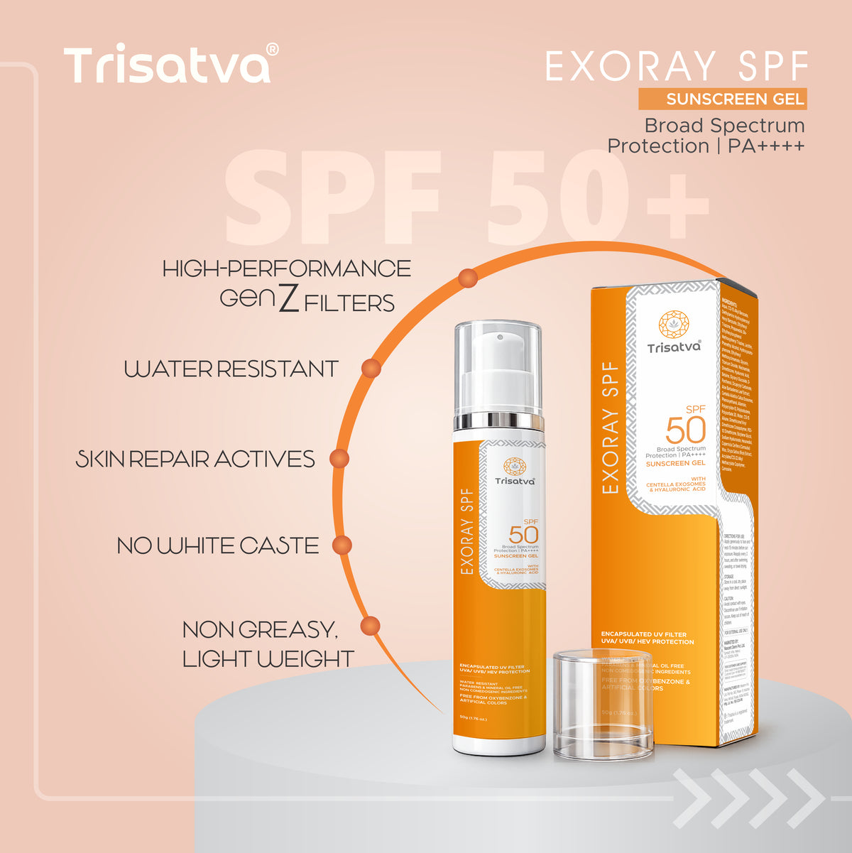 Trisatva Exoray Exosome Sunscreen SPF 50 PA++++ Face Gel Cream | Invisible Matte Finish for Men & Women | New Gen Filters, Blue Light & Infrared Defense | Water Resistant, Non Oily, No White Cast (50g)