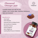 Trisatva Flaxseed Omega 369 supplement bottle with flax seeds and benefits for heart, vision, skin, digestion