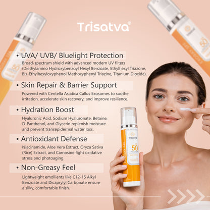 Trisatva Exoray Exosome Sunscreen SPF 50 PA++++ Face Gel Cream | Invisible Matte Finish for Men & Women | New Gen Filters, Blue Light & Infrared Defense | Water Resistant, Non Oily, No White Cast (50g)