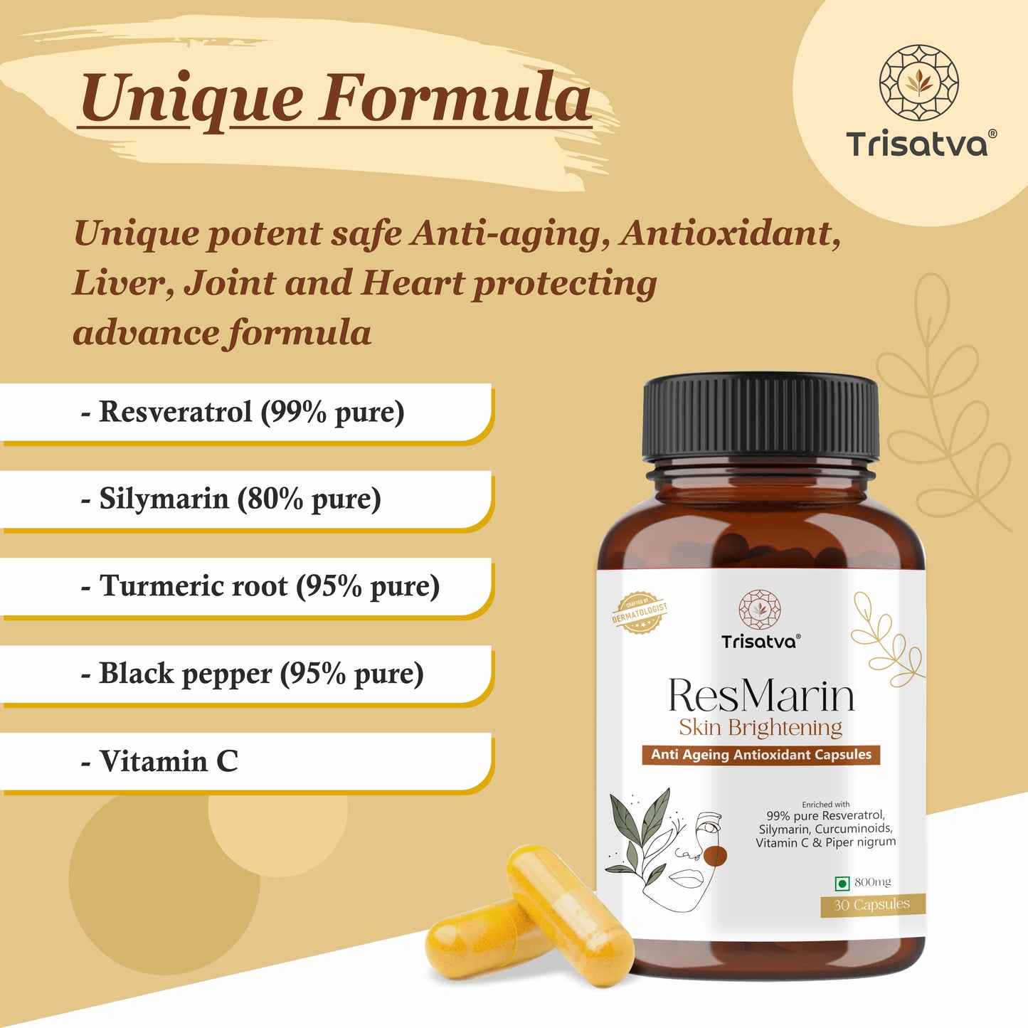 Trisatva ResMarin Capsules | Resveratrol 500mg, Silymarin, Turmeric, Black Pepper, Vitamin C