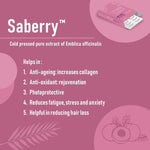 Saberry cold pressed pure extract of Emblica officinalis with benefits like anti-ageing, antioxidant, photoprotective, stress reduction, and hair loss aid