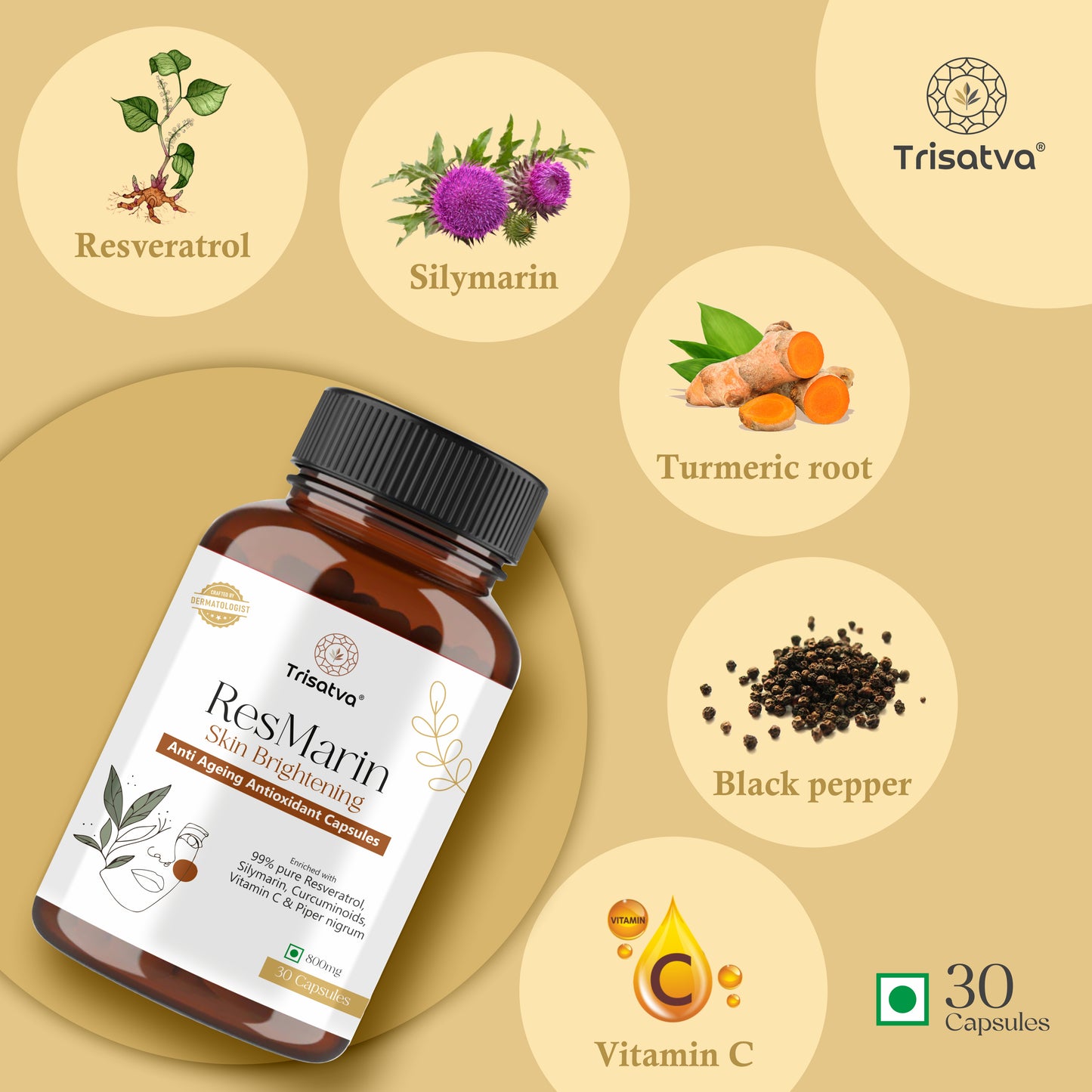 Trisatva ResMarin Capsules | Resveratrol 500mg, Silymarin, Turmeric, Black Pepper, Vitamin C