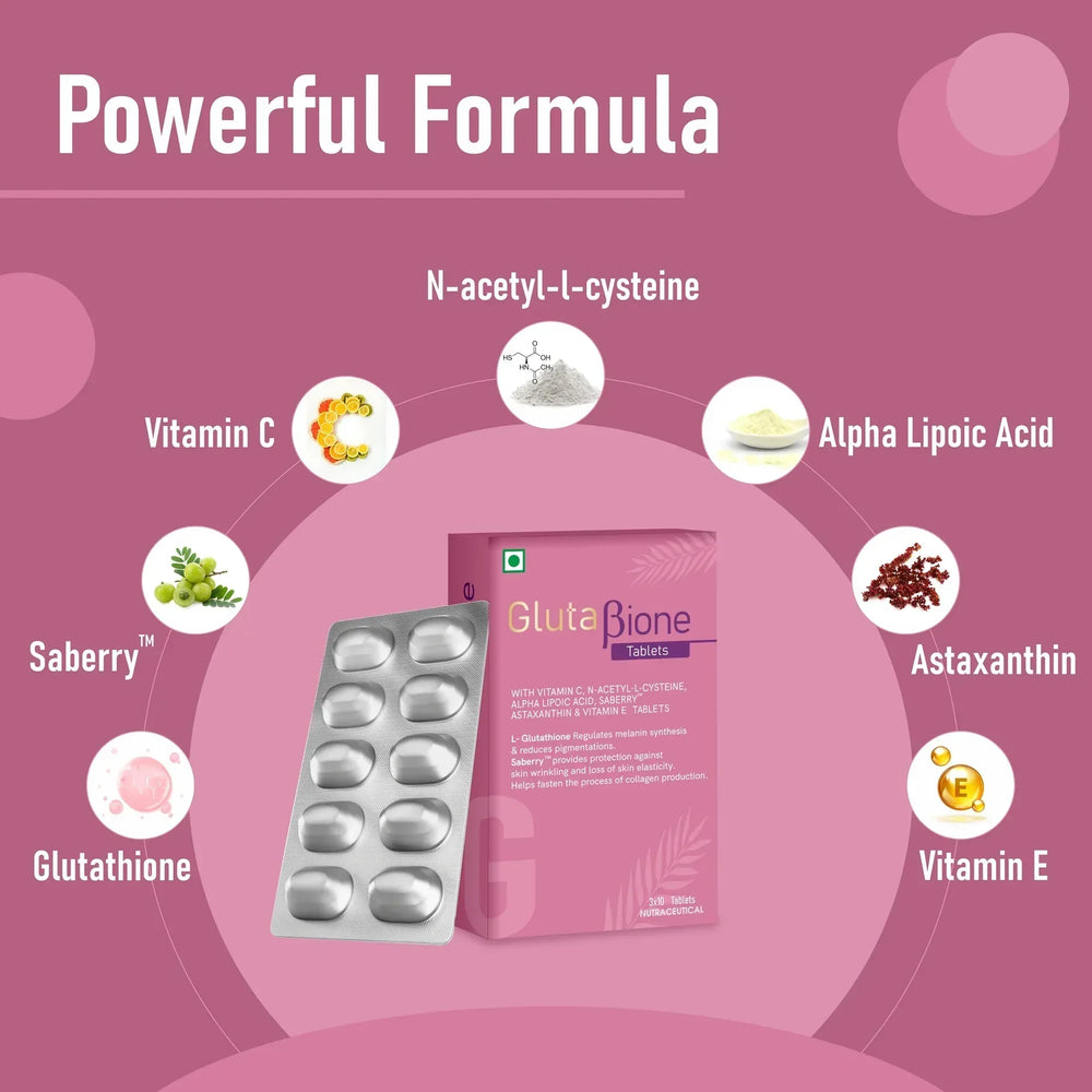 Glutabione supplement box with blister pack and ingredients like Vitamin C, N-acetyl-l-cysteine, Alpha Lipoic Acid, Astaxanthin