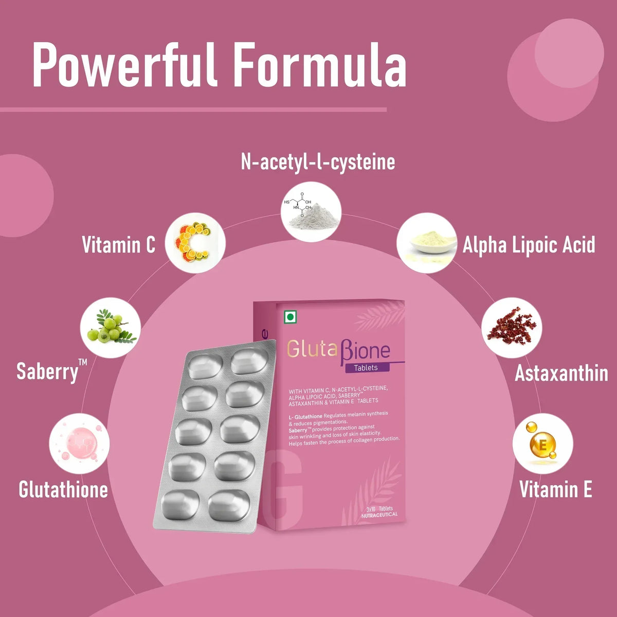 Glutabione supplement box with blister pack and ingredients like Vitamin C, N-acetyl-l-cysteine, Alpha Lipoic Acid, Astaxanthin