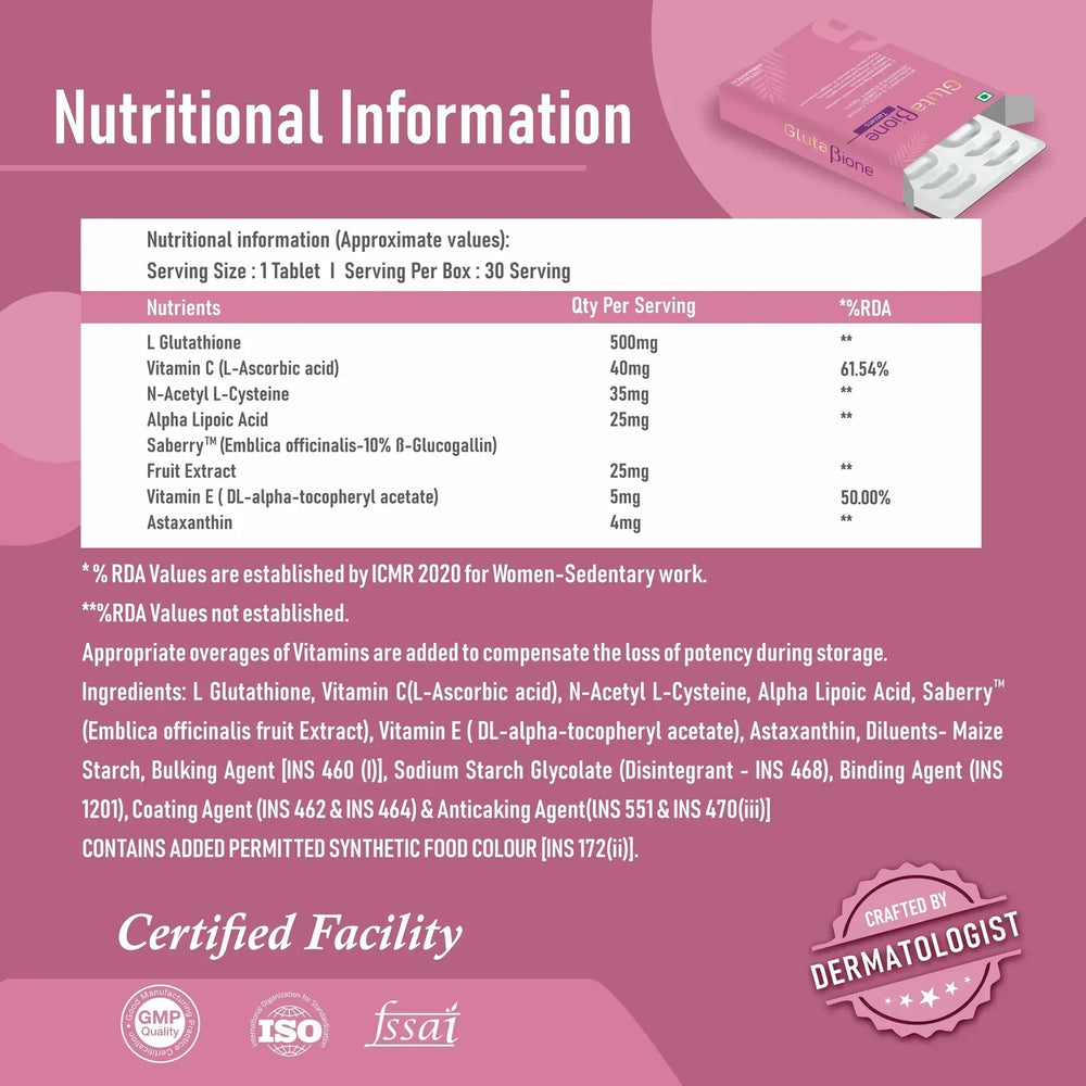 GlutaBiome tablet nutritional information with ingredients and certifications on pink background