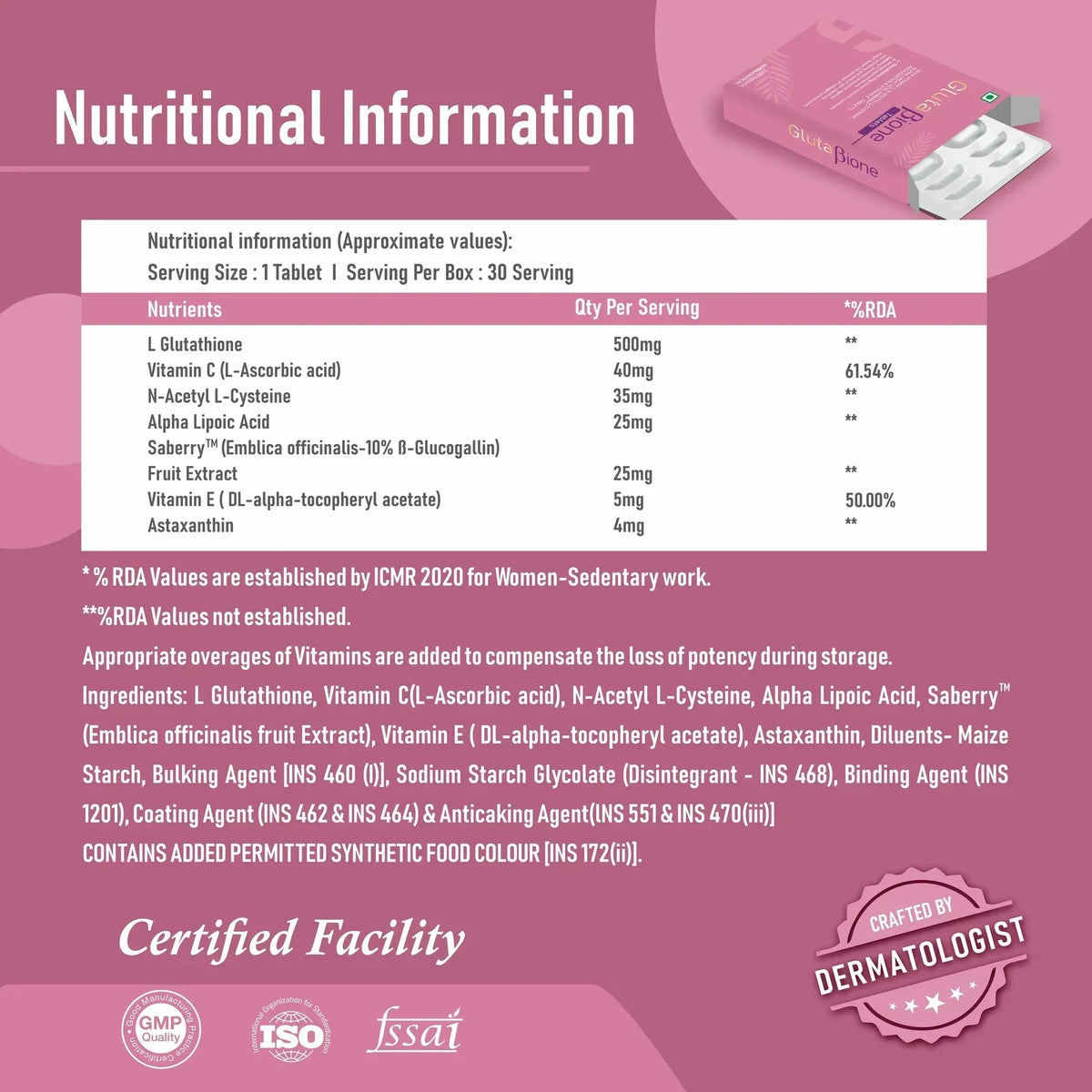GlutaBiome tablet nutritional information with ingredients and certifications on pink background
