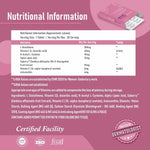 GlutaBiome tablet nutritional information with ingredients and certifications on pink background