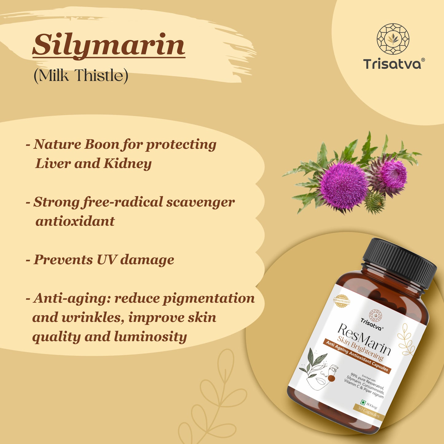 Trisatva ResMarin Capsules | Resveratrol 500mg, Silymarin, Turmeric, Black Pepper, Vitamin C