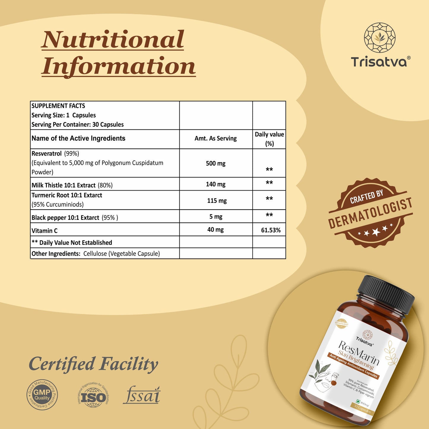 Trisatva ResMarin Capsules | Resveratrol 500mg, Silymarin, Turmeric, Black Pepper, Vitamin C