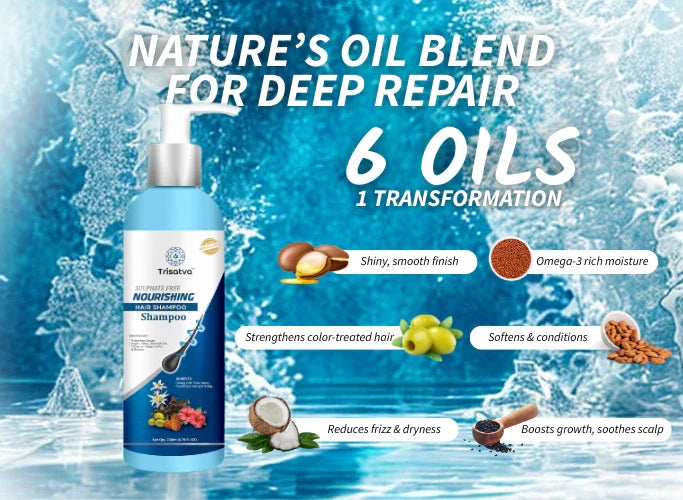 Trisatva Super Power Nourishing Hair Shampoo bottle with six natural oils for deep repair and hair benefits on blue water background