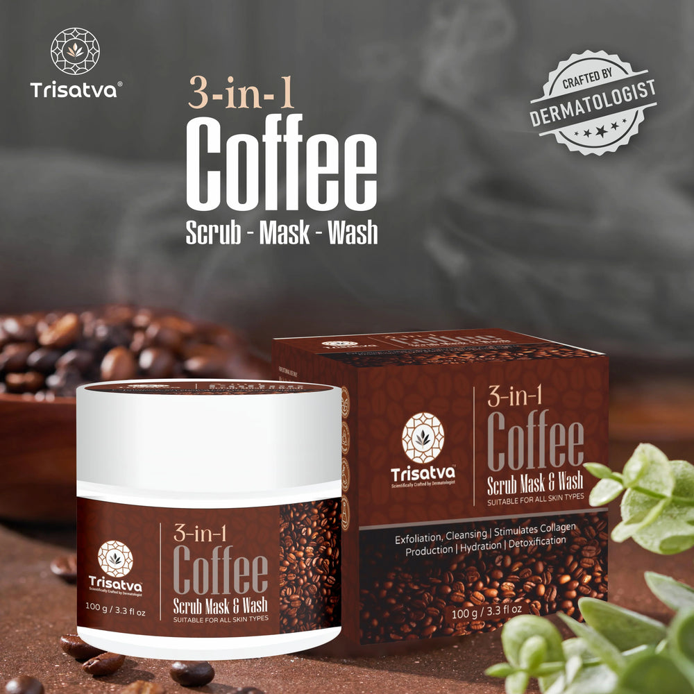 Trisatva 3-in-1 Coffee Scrub Mask and Wash jar and box with coffee beans and green leaves