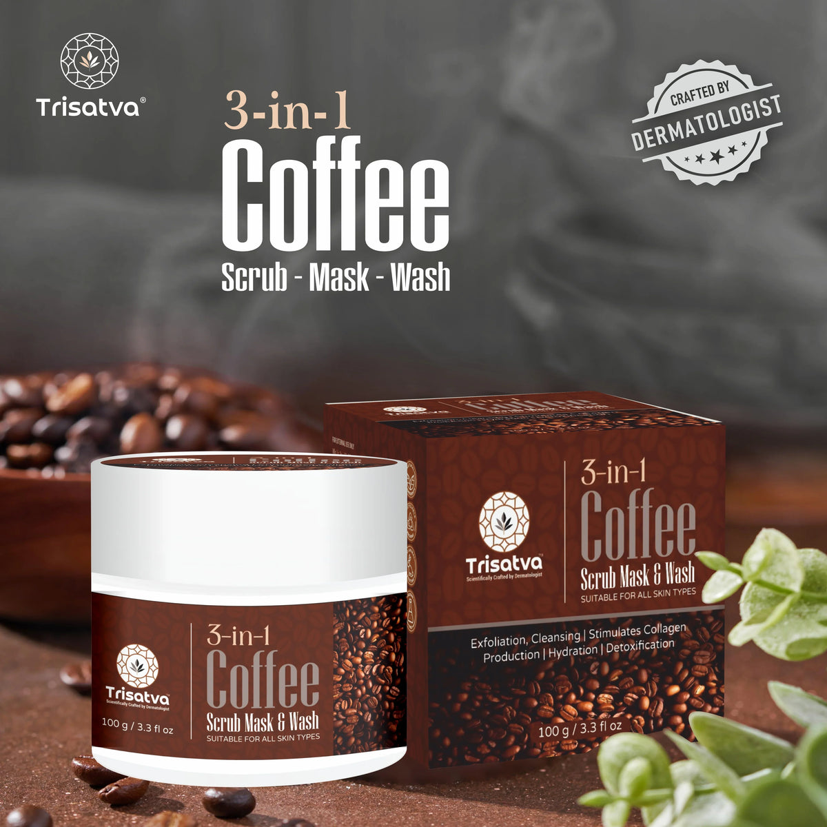 Trisatva 3-in-1 Coffee Scrub Mask and Wash jar and box with coffee beans and green leaves