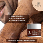 Closeup of man with coffee scrub on skin next to Trisatva 3-in-1 coffee scrub mask and wash jar