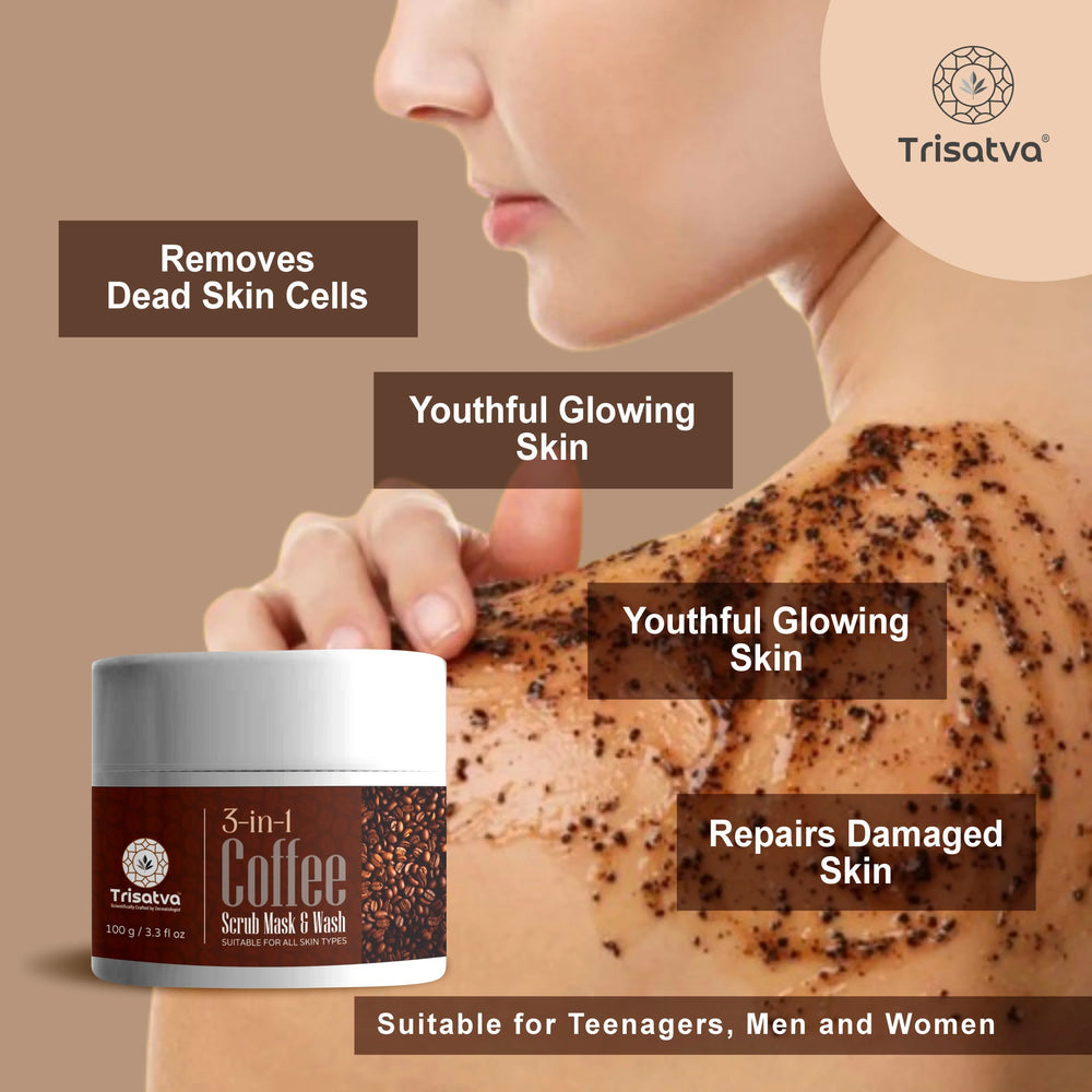 Close-up of woman applying Trisatva 3-in-1 coffee scrub mask on shoulder for glowing skin