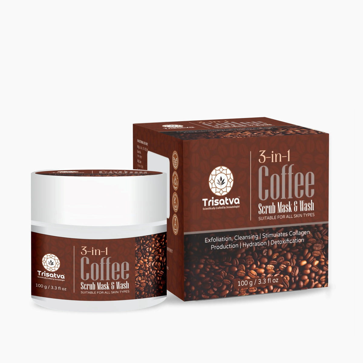 Trisatva 3-in-1 Coffee Scrub Mask & Wash with coffee beans packaging, 100g, suitable for all skin types