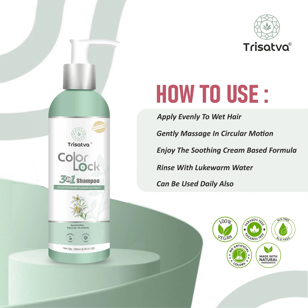 Trisatva Color Lock 3-in-1 shampoo bottle with Leontopodium flower extract, hair care instructions