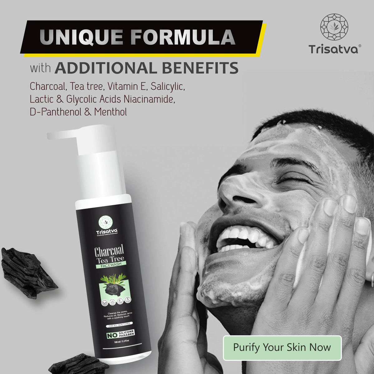 Trisatva Charcoal Tea Tree facewash bottle with foam on man's face promoting unique formula and skin benefits