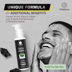 Trisatva Charcoal Tea Tree facewash bottle with foam on man's face promoting unique formula and skin benefits