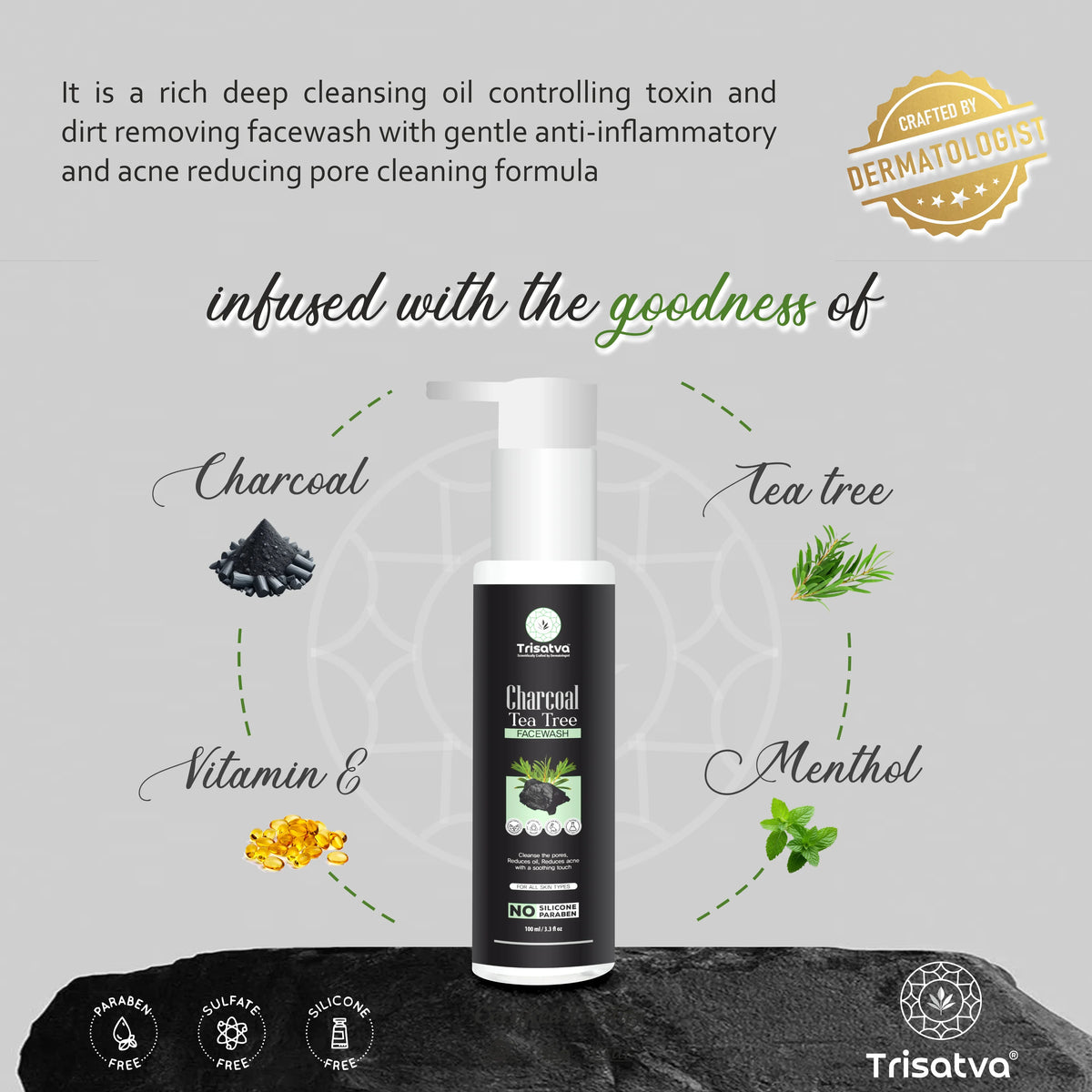 Trisatva Charcoal Tea Tree facewash bottle infused with charcoal, tea tree, vitamin E, and menthol