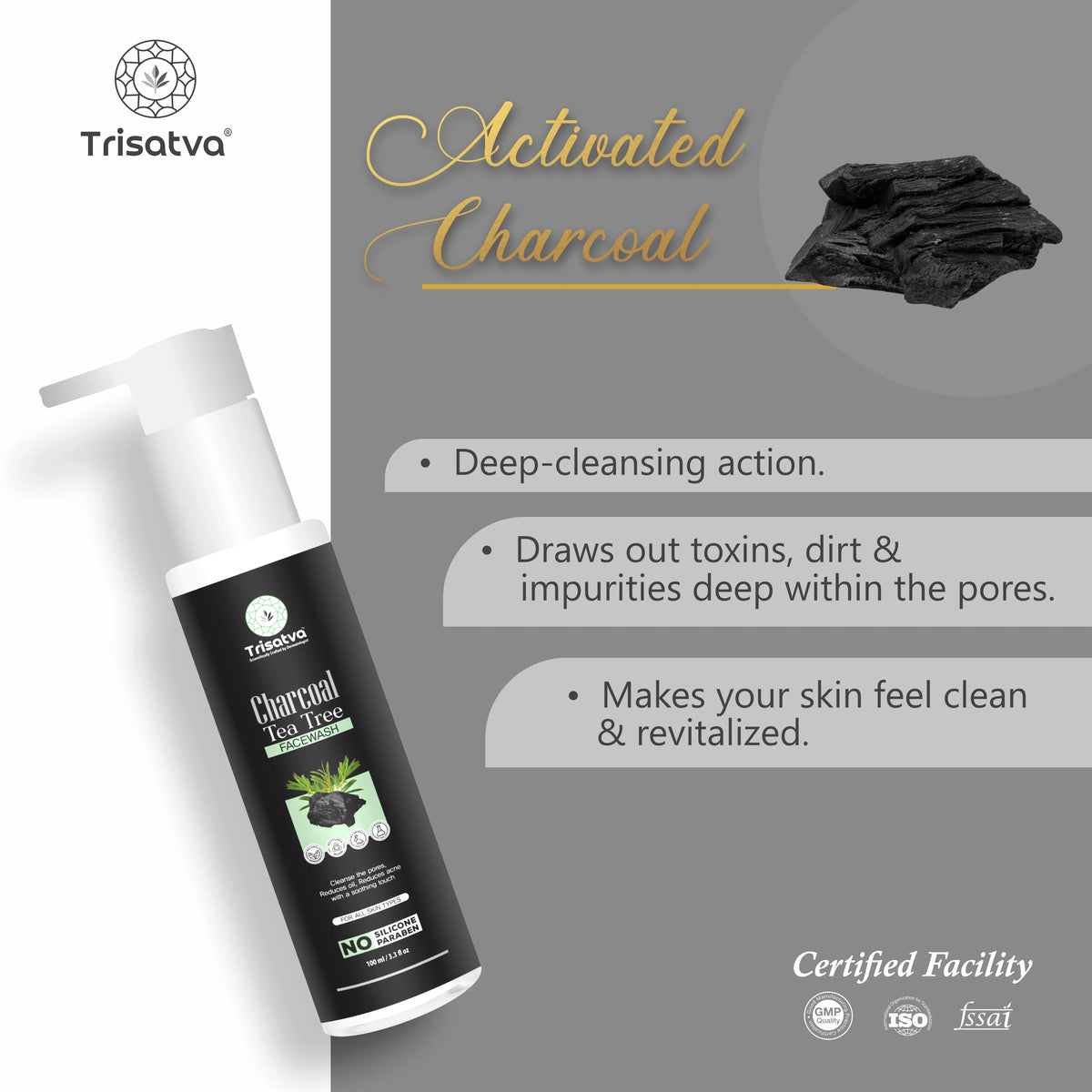 Trisatva Charcoal Tea Tree facewash bottle with activated charcoal benefits and skincare claims on gray background