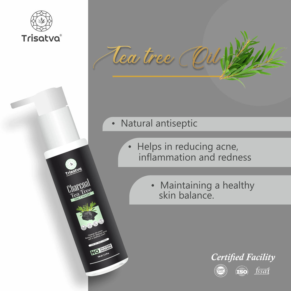 Trisatva Charcoal Tea Tree facewash bottle with benefits like natural antiseptic and acne reduction