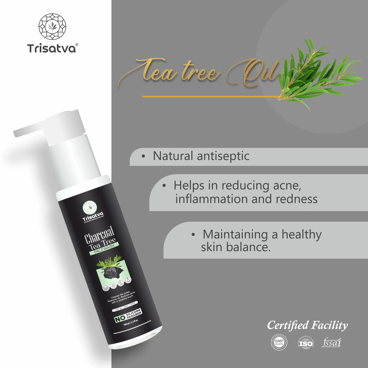 Trisatva Charcoal Tea Tree facewash bottle with benefits like natural antiseptic and acne reduction