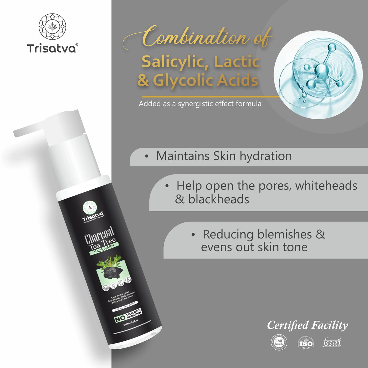 Trisatva Charcoal Tea Tree facewash with salicylic, lactic, and glycolic acids for skin hydration and acne