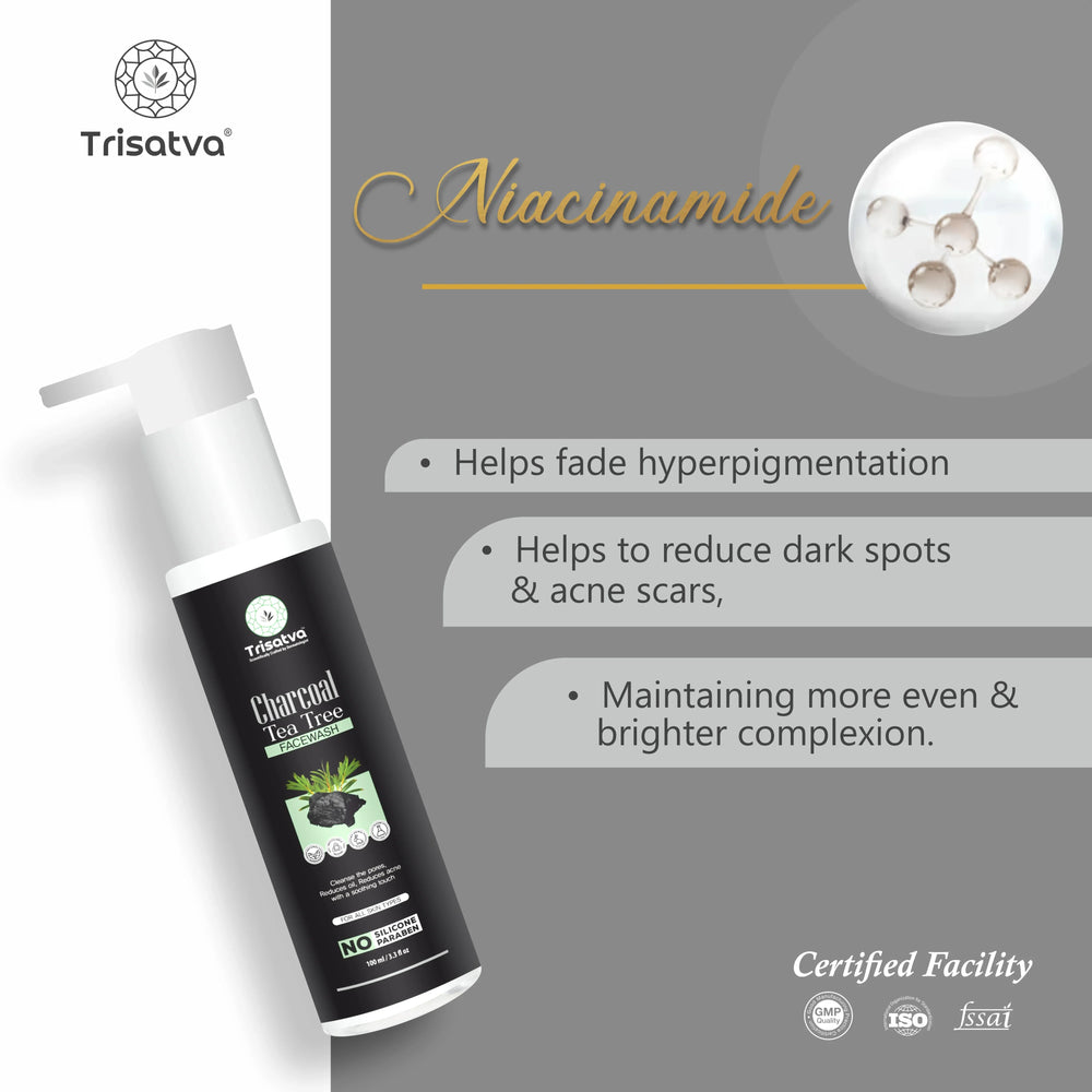 Trisatva Charcoal Tea Tree Facewash bottle with Niacinamide benefits for fading hyperpigmentation and reducing dark spots