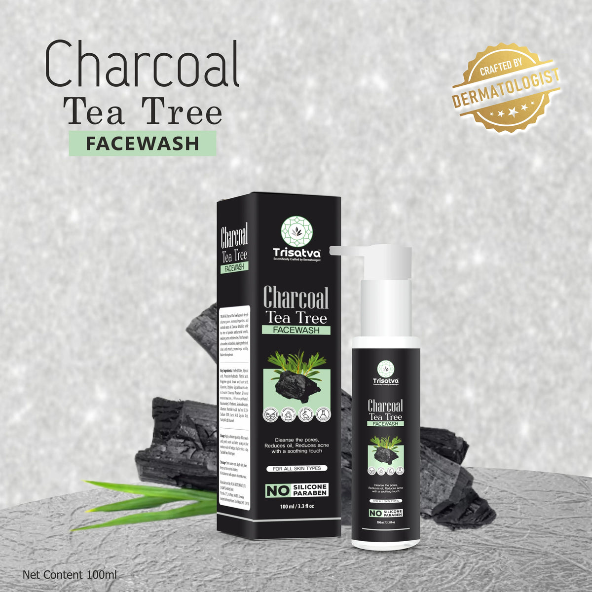 Trisatva Charcoal Tea Tree Facewash bottle and box with charcoal and green leaves, dermatologist crafted