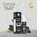 Trisatva Charcoal Tea Tree Facewash bottle and box with charcoal and green leaves, dermatologist crafted