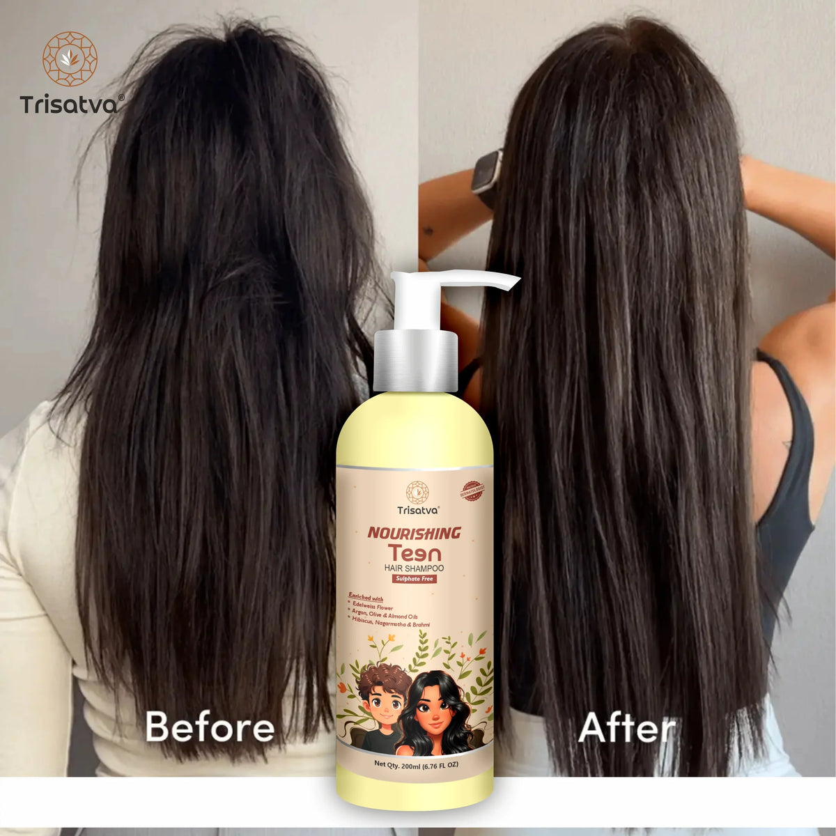 Before and after image showing hair transformation using Trisatva Nourishing Teen Hair Shampoo with smoother, shinier hair