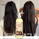 Before and after image showing hair transformation using Trisatva Nourishing Teen Hair Shampoo with smoother, shinier hair