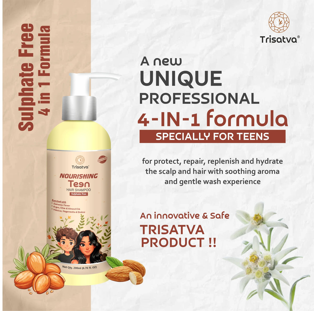 Trisatva nourishing teen shampoo 4-in-1 sulphate free formula for scalp hydration and repair