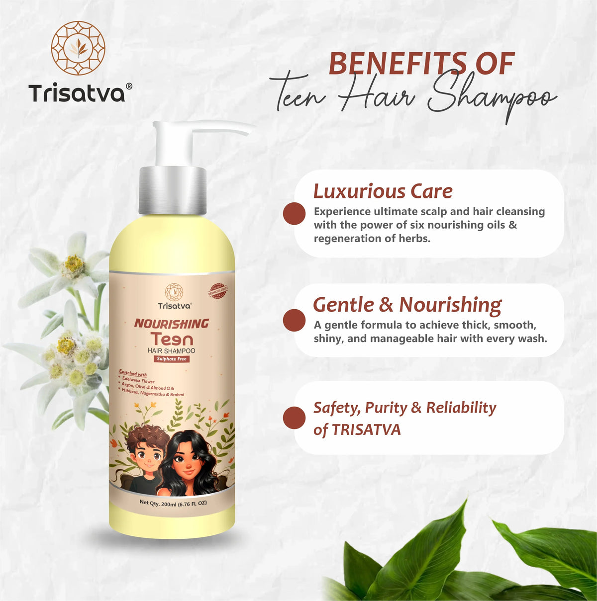 Trisatva nourishing teen hair shampoo with natural oils and herbs, benefits listed on white background