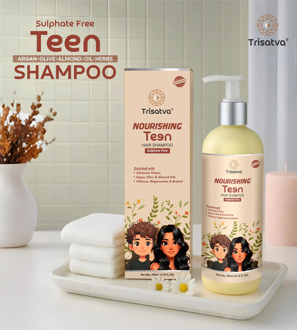 Trisatva Nourishing Teen Sulphate Free Shampoo with argan, olive, almond oils and herbs in bottle and box on white tray