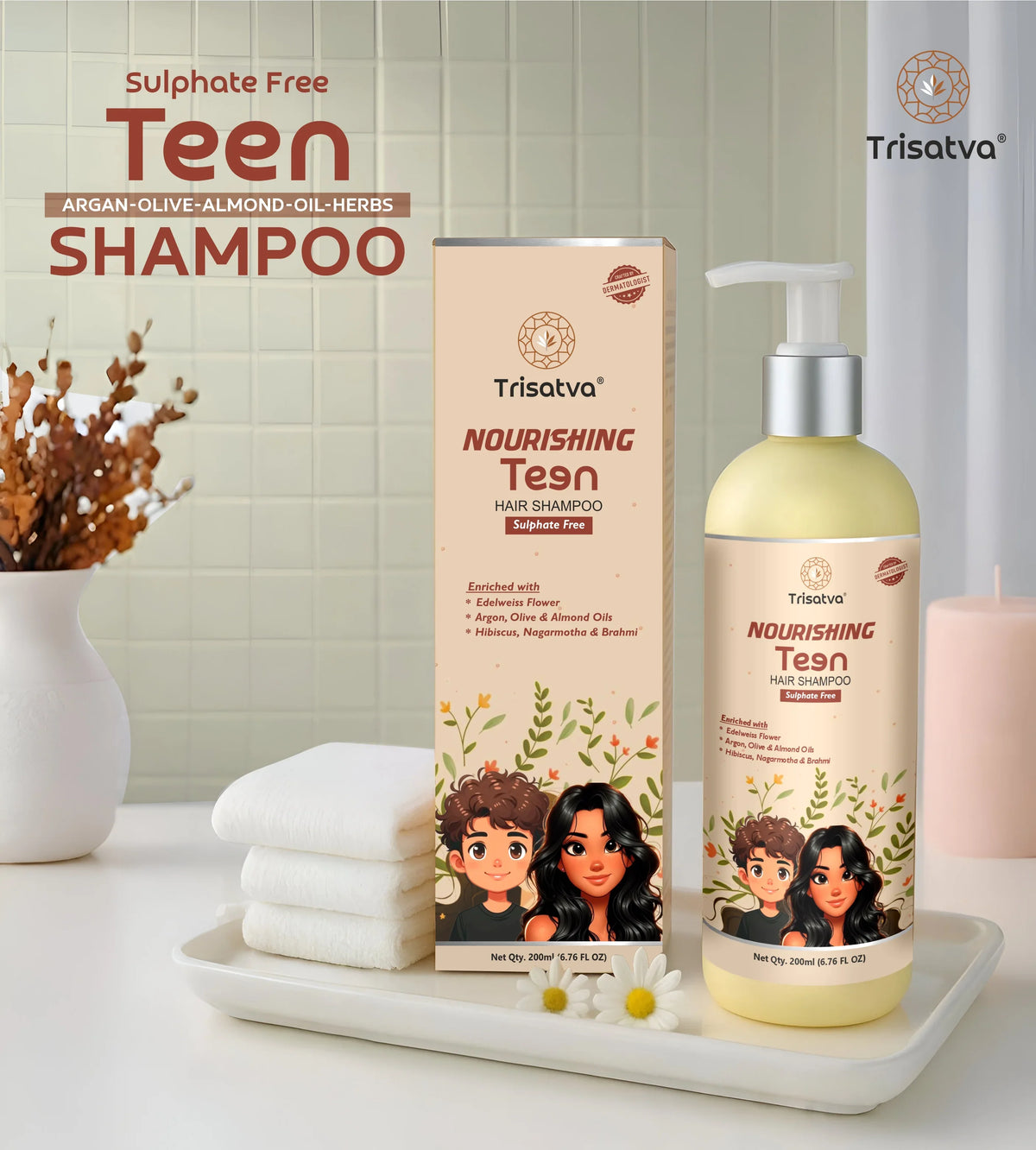 Trisatva Nourishing Teen Sulphate Free Shampoo with argan, olive, almond oils and herbs in bottle and box on white tray