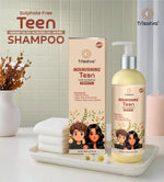 Trisatva Nourishing Teen Sulphate Free Shampoo with argan, olive, almond oils and herbs in bottle and box on white tray