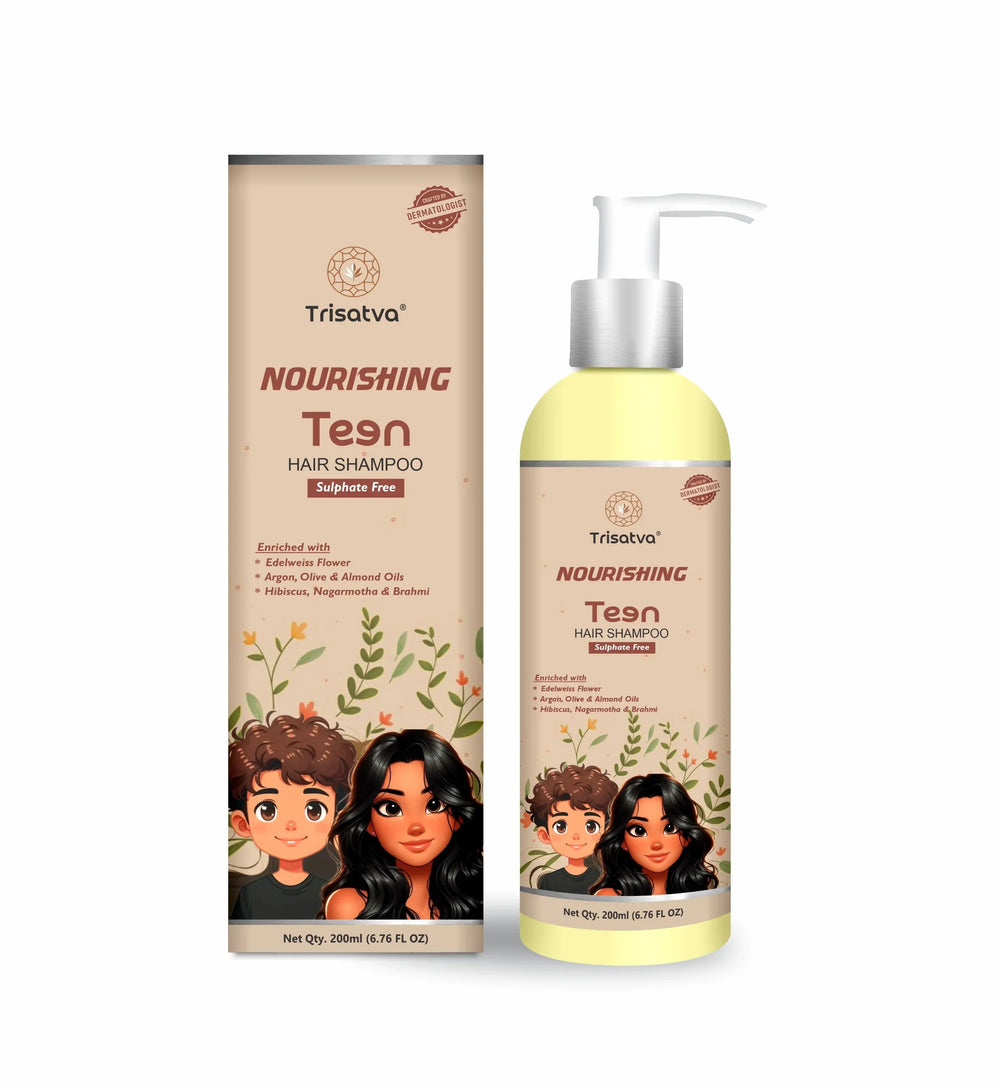 Trisatva Nourishing Teen Hair Shampoo sulphate free bottle and box with cartoon boy and girl illustrations