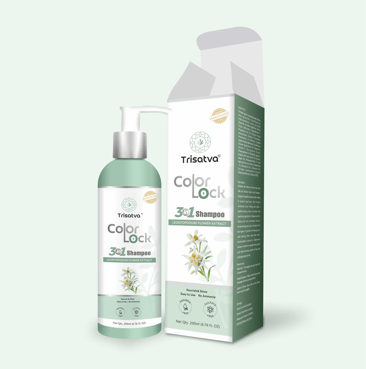 Trisatva Color Lock 3-in-1 Shampoo with Leontopodium Flower Extract in green bottle with pump and box