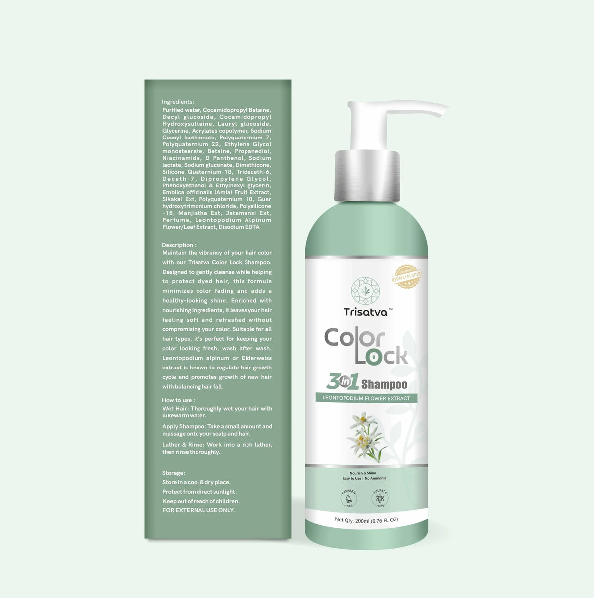 Trisatva Color Lock 3 in 1 Shampoo bottle with leontopodium flower extract and ingredient label