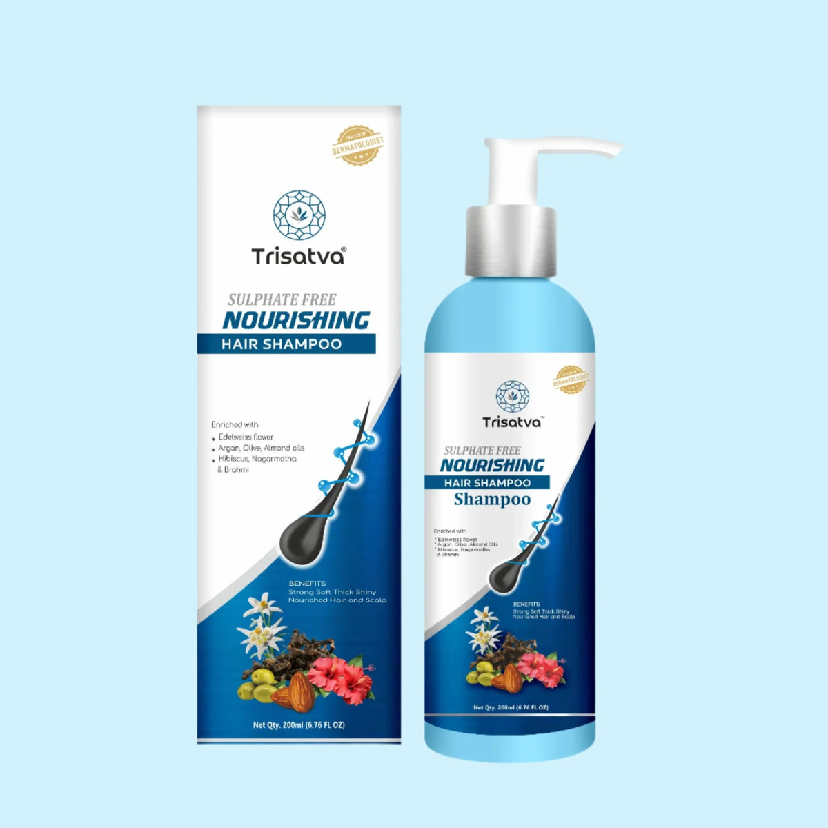 Trisatva sulphate free nourishing hair shampoo with natural oils and flower extracts in blue bottle and box