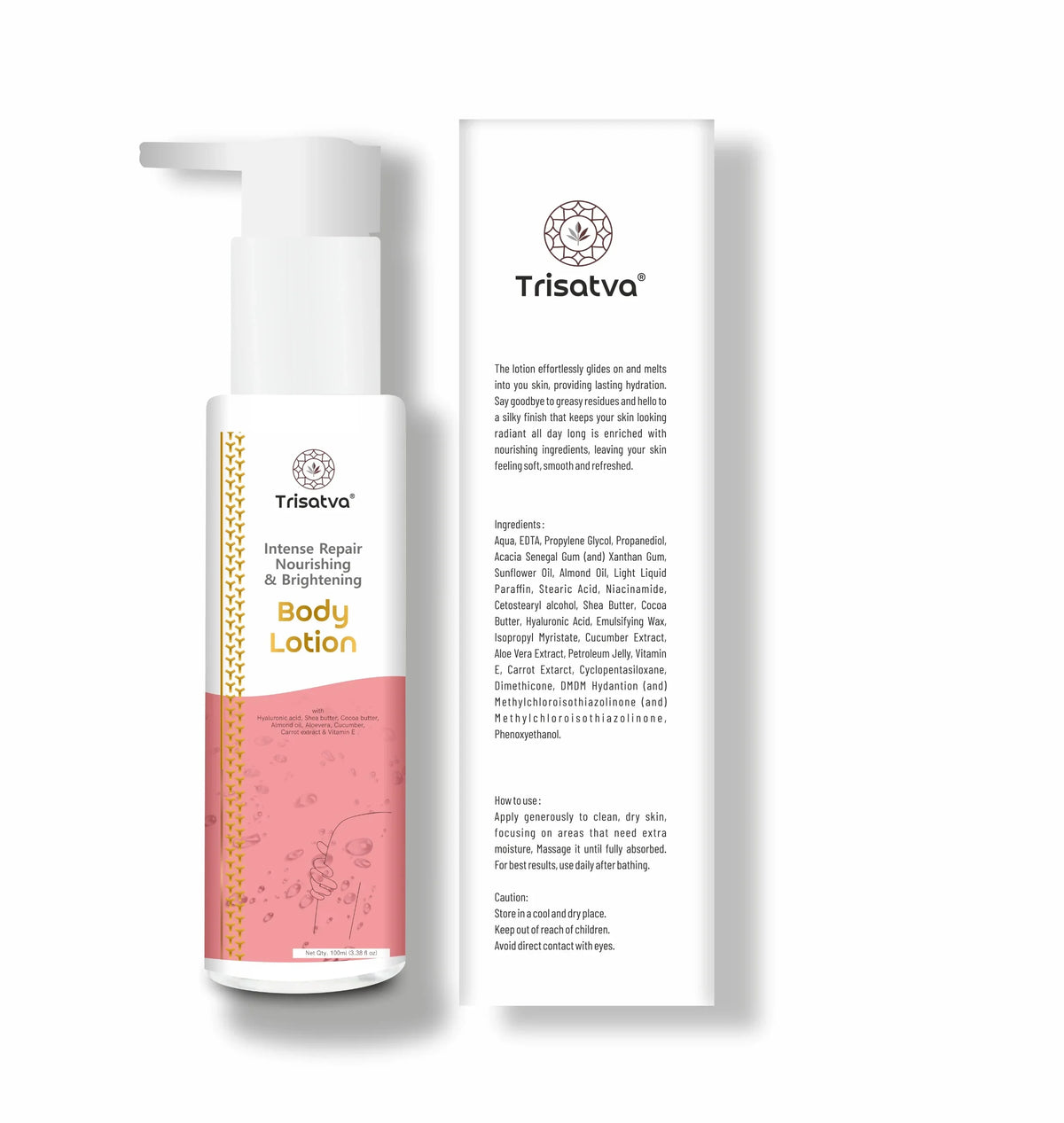 Trisatva Intense Repair Nourishing & Brightening Body Lotion bottle with pump and product details
