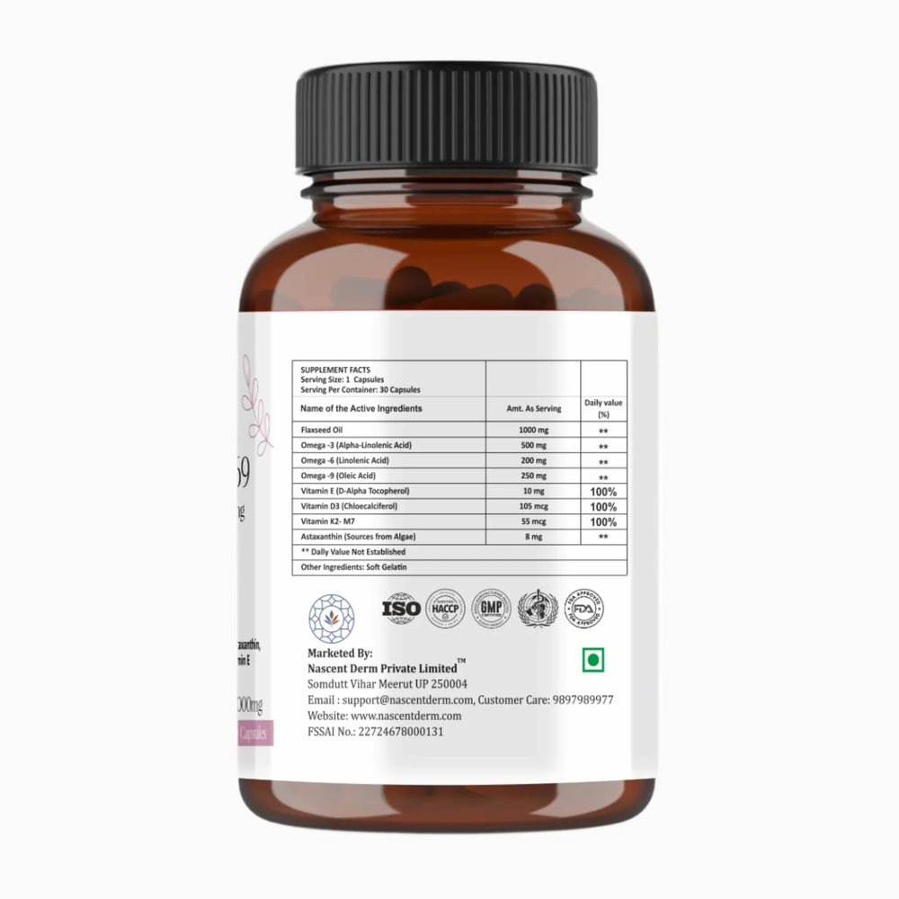 Brown supplement bottle with black lid showing supplement facts including flaxseed oil, omega fatty acids, vitamins E, D3, K2, and astaxanthin